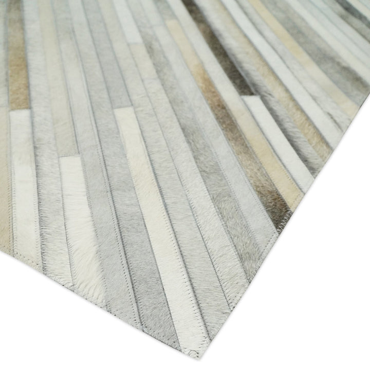 Flatweave Hairon Genuine Leather 5x8, 8x10 and 9x12 Stripe Design Beige and Ivory Area Rug | LR18 - The Rug Decor