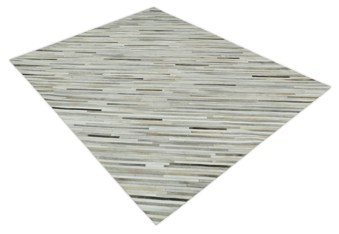 Flatweave Hairon Genuine Leather 5x8, 8x10 and 9x12 Stripe Design Beige and Ivory Area Rug | LR18 - The Rug Decor