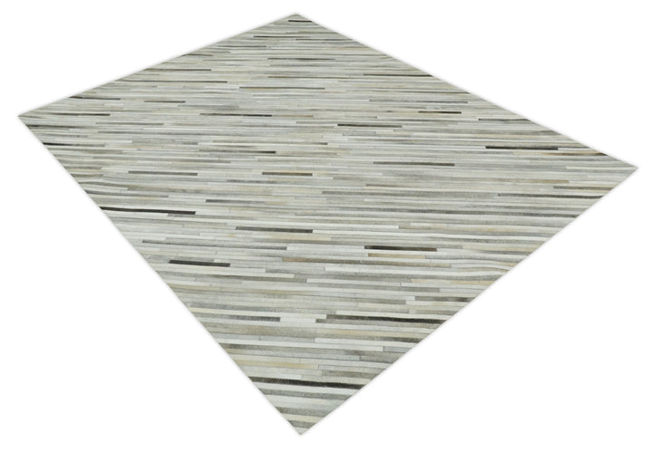 Flatweave Hairon Genuine Leather 5x8, 8x10 and 9x12 Stripe Design Beige and Ivory Area Rug | LR18 - The Rug Decor