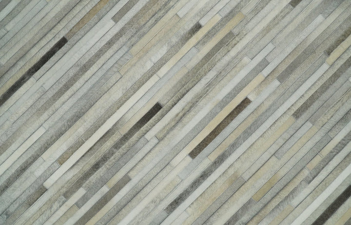 Flatweave Hairon Genuine Leather 5x8, 8x10 and 9x12 Stripe Design Beige and Ivory Area Rug | LR18 - The Rug Decor