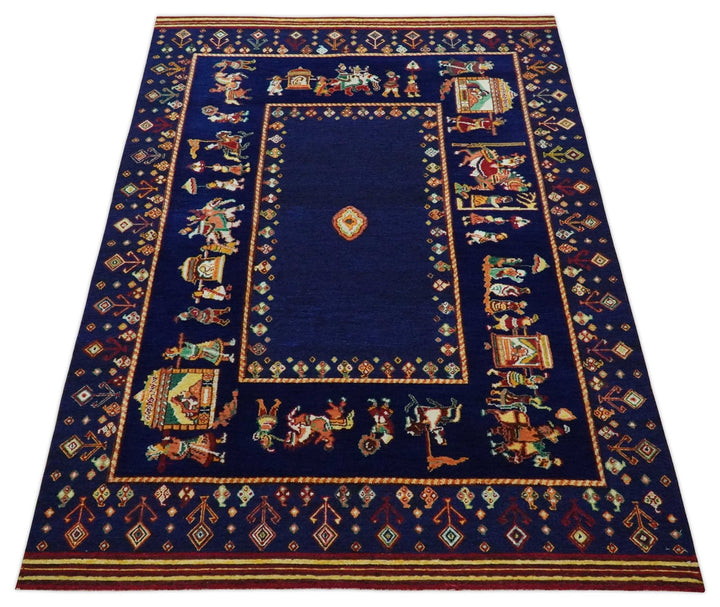 Flatwoven 5x7 Navy Blue Indian Wedding Soumak Rug, Hand Spun Wool Rug | KNT40 - The Rug Decor