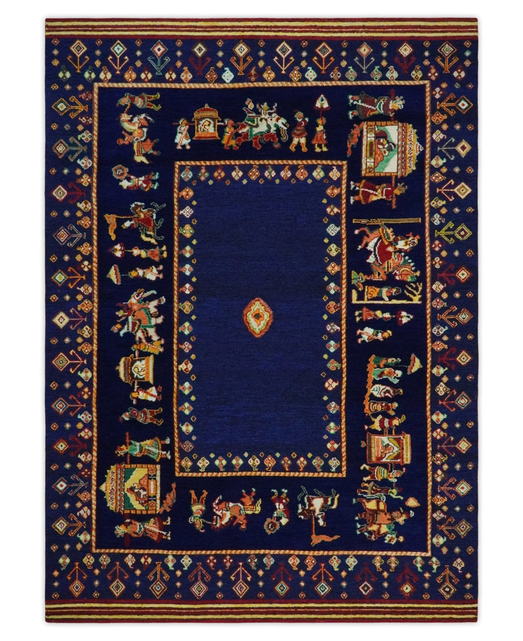 Flatwoven 5x7 Navy Blue Indian Wedding Soumak Rug, Hand Spun Wool Rug | KNT40 - The Rug Decor