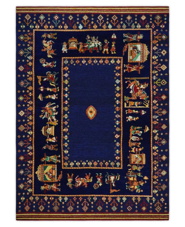 Flatwoven 5x7 Navy Blue Indian Wedding Soumak Rug, Hand Spun Wool Rug | KNT40 - The Rug Decor