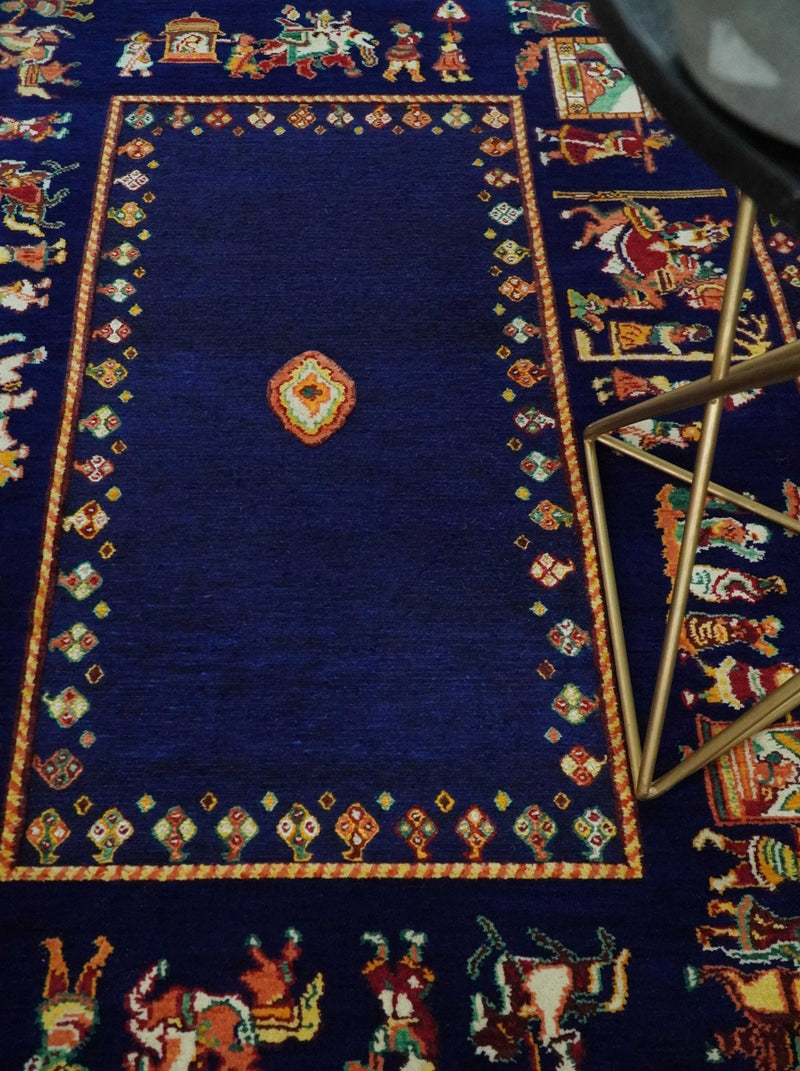 Flatwoven 5x7 Navy Blue Indian Wedding Soumak Rug, Hand Spun Wool Rug | KNT40 - The Rug Decor