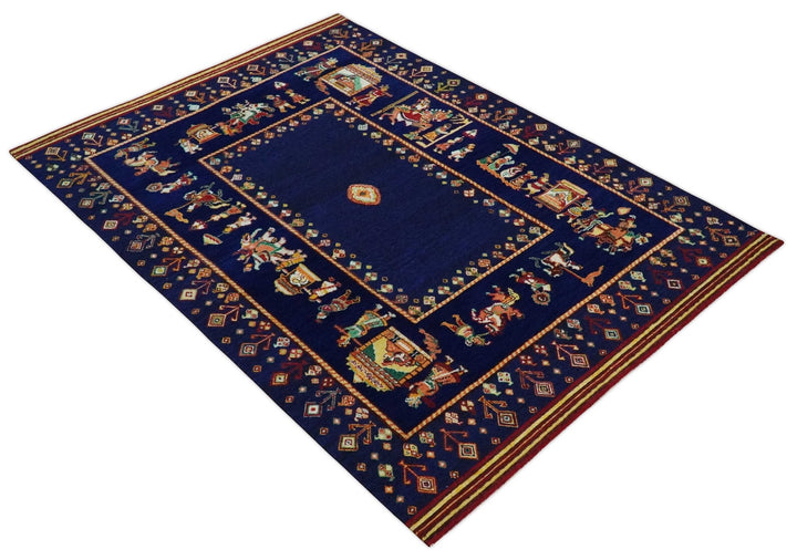 Flatwoven 5x7 Navy Blue Indian Wedding Soumak Rug, Hand Spun Wool Rug | KNT40 - The Rug Decor