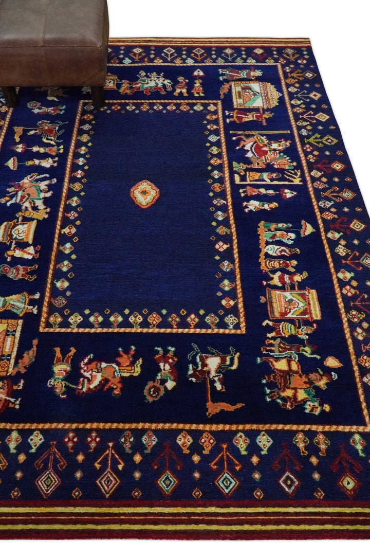 Flatwoven 5x7 Navy Blue Indian Wedding Soumak Rug, Hand Spun Wool Rug | KNT40 - The Rug Decor