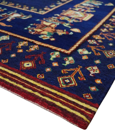 Flatwoven 5x7 Navy Blue Indian Wedding Soumak Rug, Hand Spun Wool Rug | KNT40 - The Rug Decor