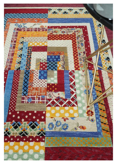 Flatwoven Artistic Modern Geometric 5x7 Multicolor Wool Hand Made Soumak Rug | KNT52 - The Rug Decor