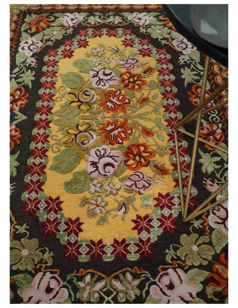 Flatwoven Soumak Black, Yellow, Green and Gold Flower Wool Hand Woven Antique Design Rug | KNT39 - The Rug Decor