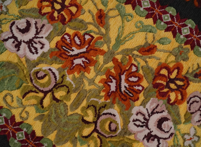 Flatwoven Soumak Black, Yellow, Green and Gold Flower Wool Hand Woven Antique Design Rug | KNT39 - The Rug Decor