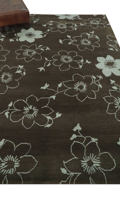 Floral 6x7.6 Brown and Ivory Hand Knotted Wool Area Rug - The Rug Decor