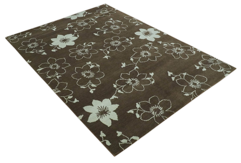Floral 6x7.6 Brown and Ivory Hand Knotted Wool Area Rug - The Rug Decor