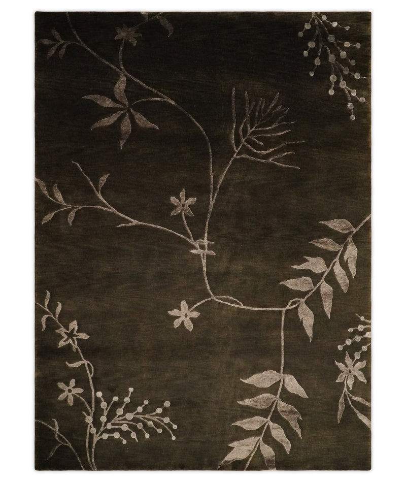 Floral 6x8 Dark Brown and Copper Wool and Silk Hand Woven Rug | HL7 - The Rug Decor