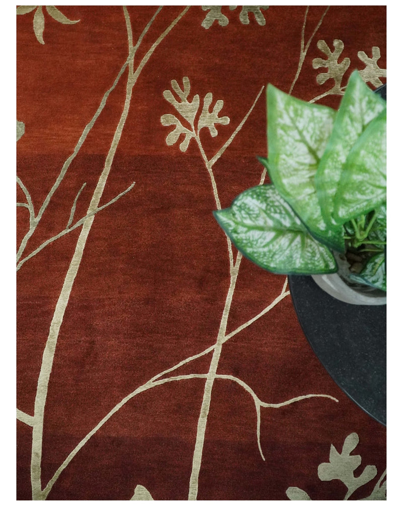 Floral 6x8 Rust and Gold Natural Farmhouse Wool and Silk Hand Woven Rug | HL2 - The Rug Decor