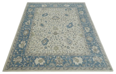 Floral 8x10 Hand Tufted Beige and Blue Modern Oushak Rug - The Rug Decor