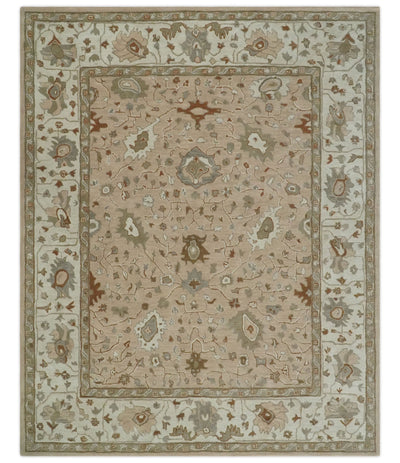 Floral 8x10 Hand Tufted Peach, Ivory and Olive Modern Oushak Rug - The Rug Decor