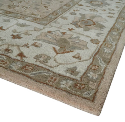 Floral 8x10 Hand Tufted Peach, Ivory and Olive Modern Oushak Rug - The Rug Decor