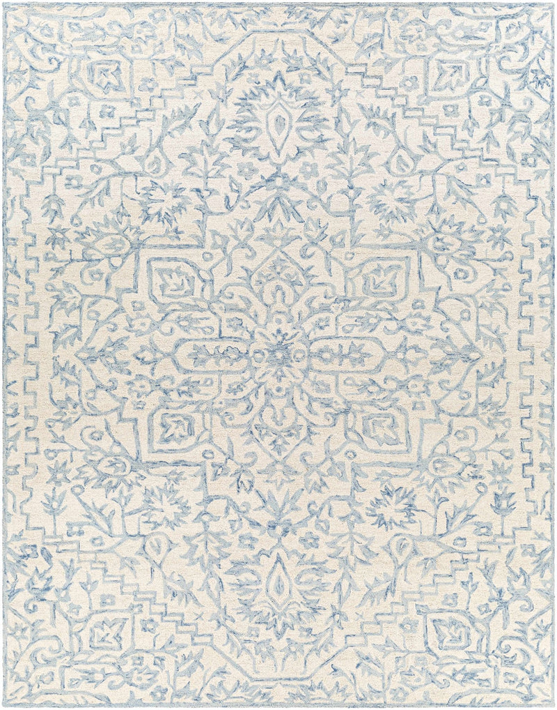 Floral Beige and Blue Traditional Medallion Design Hand Tufted Wool Area Rug - The Rug Decor