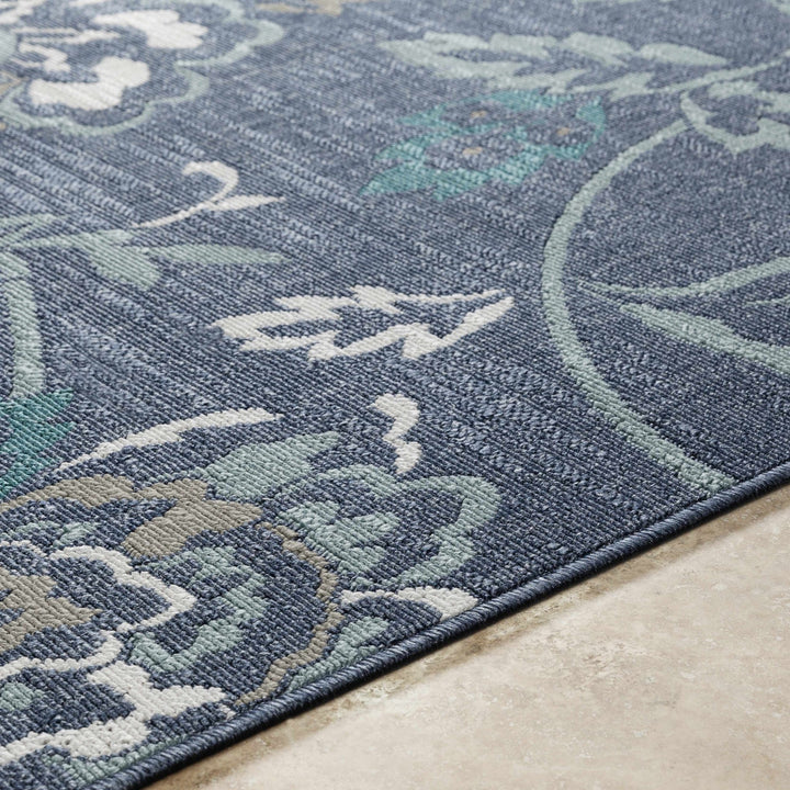 Floral Blue, Ivory and Green Outdoor Safe Machine Woven Area Rug - The Rug Decor