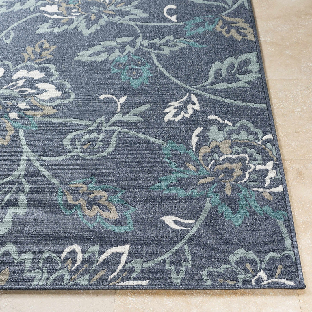 Floral Blue, Ivory and Green Outdoor Safe Machine Woven Area Rug - The Rug Decor