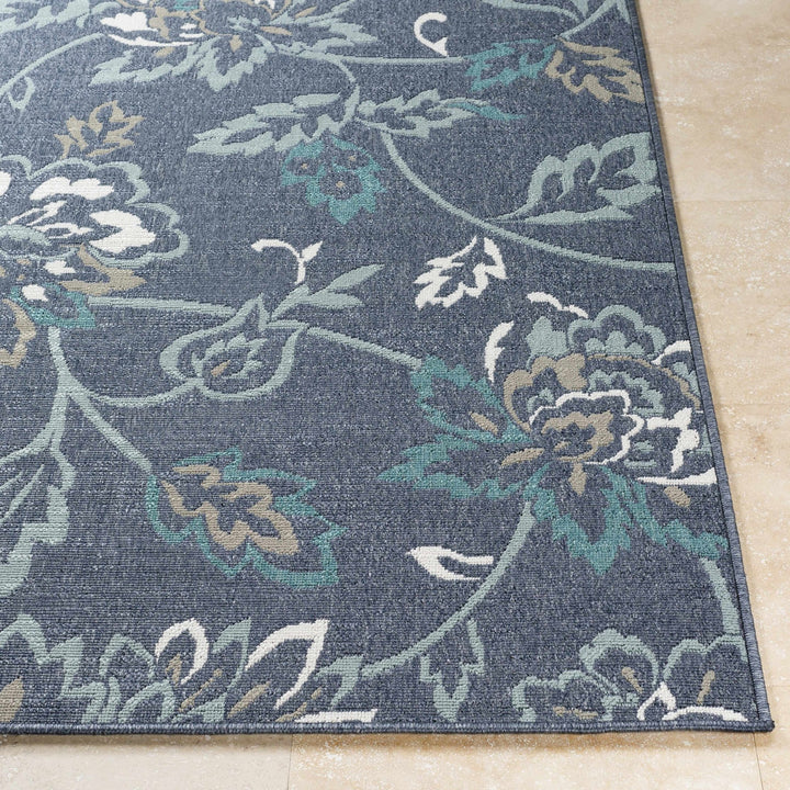 Floral Blue, Ivory and Green Outdoor Safe Machine Woven Area Rug - The Rug Decor
