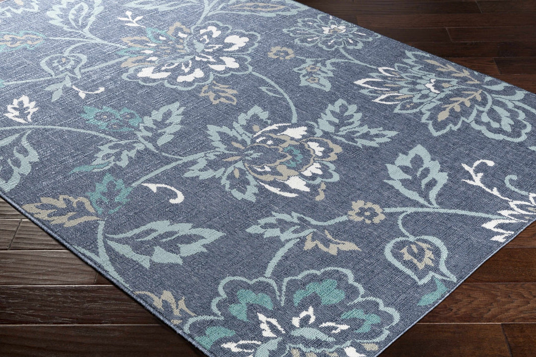 Floral Blue, Ivory and Green Outdoor Safe Machine Woven Area Rug - The Rug Decor