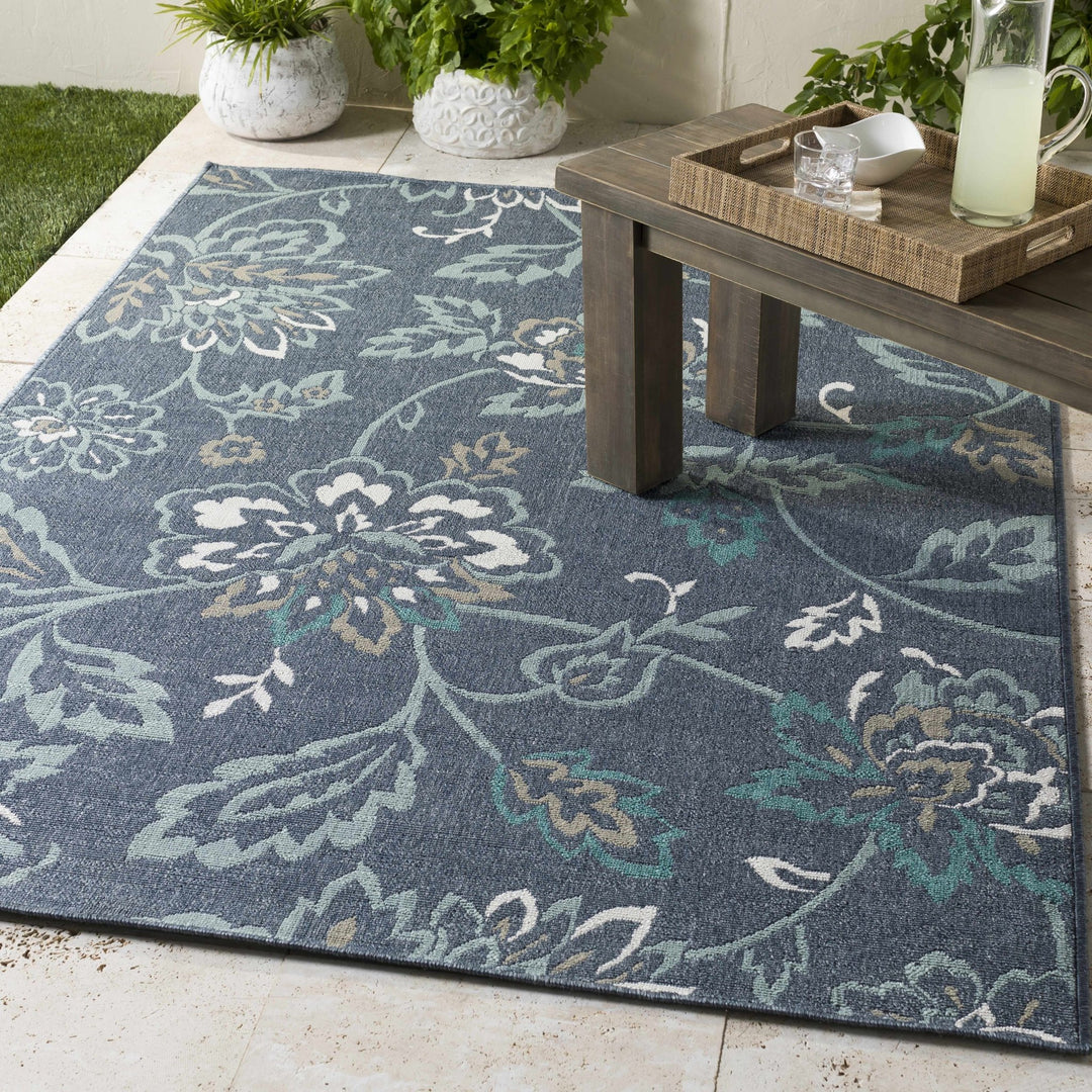 Floral Blue, Ivory and Green Outdoor Safe Machine Woven Area Rug - The Rug Decor