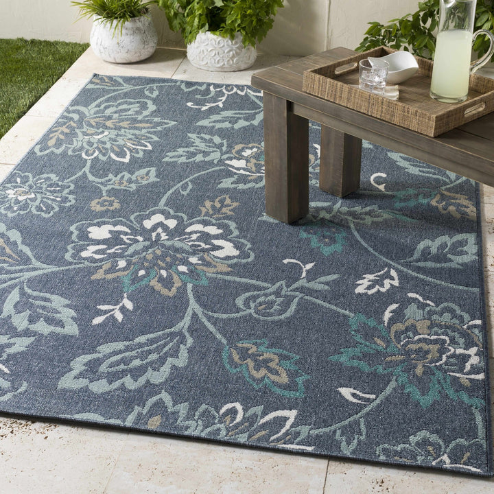 Floral Blue, Ivory and Green Outdoor Safe Machine Woven Area Rug - The Rug Decor