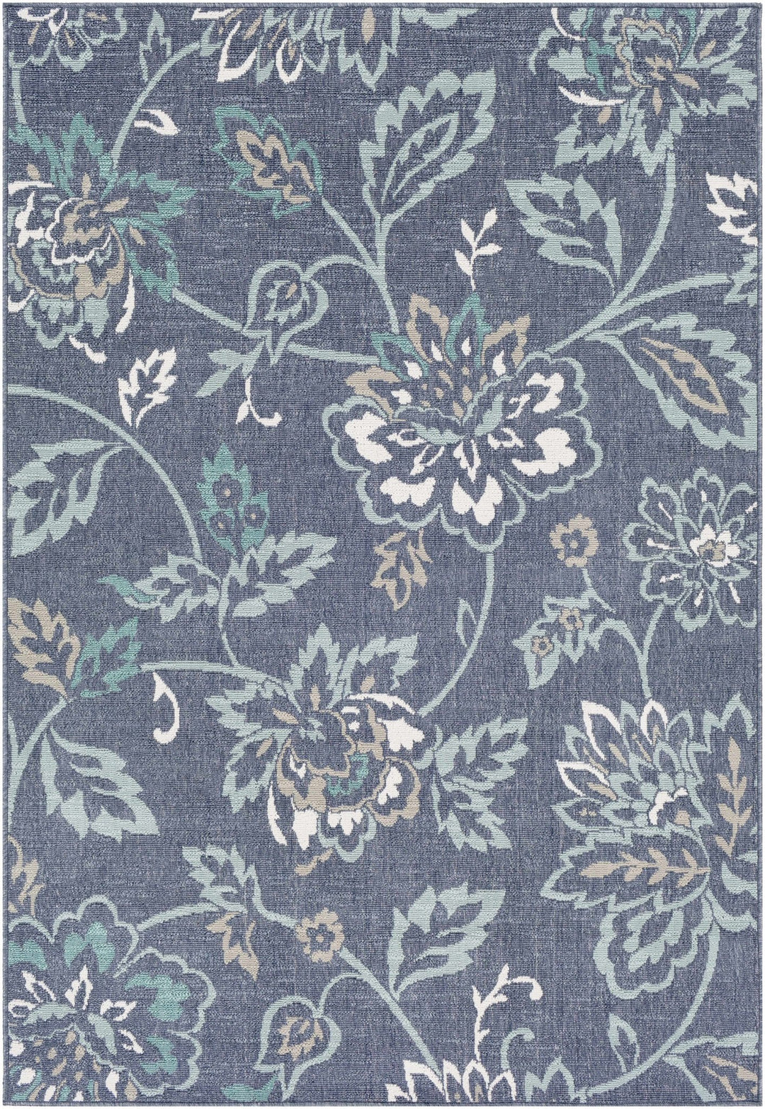Floral Blue, Ivory and Green Outdoor Safe Machine Woven Area Rug - The Rug Decor
