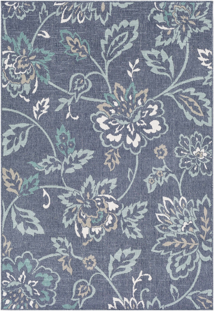 Floral Blue, Ivory and Green Outdoor Safe Machine Woven Area Rug - The Rug Decor