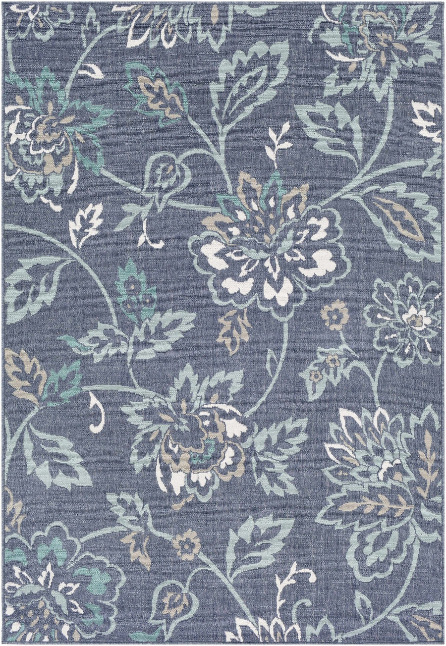 Floral Blue, Ivory and Green Outdoor Safe Machine Woven Area Rug - The Rug Decor