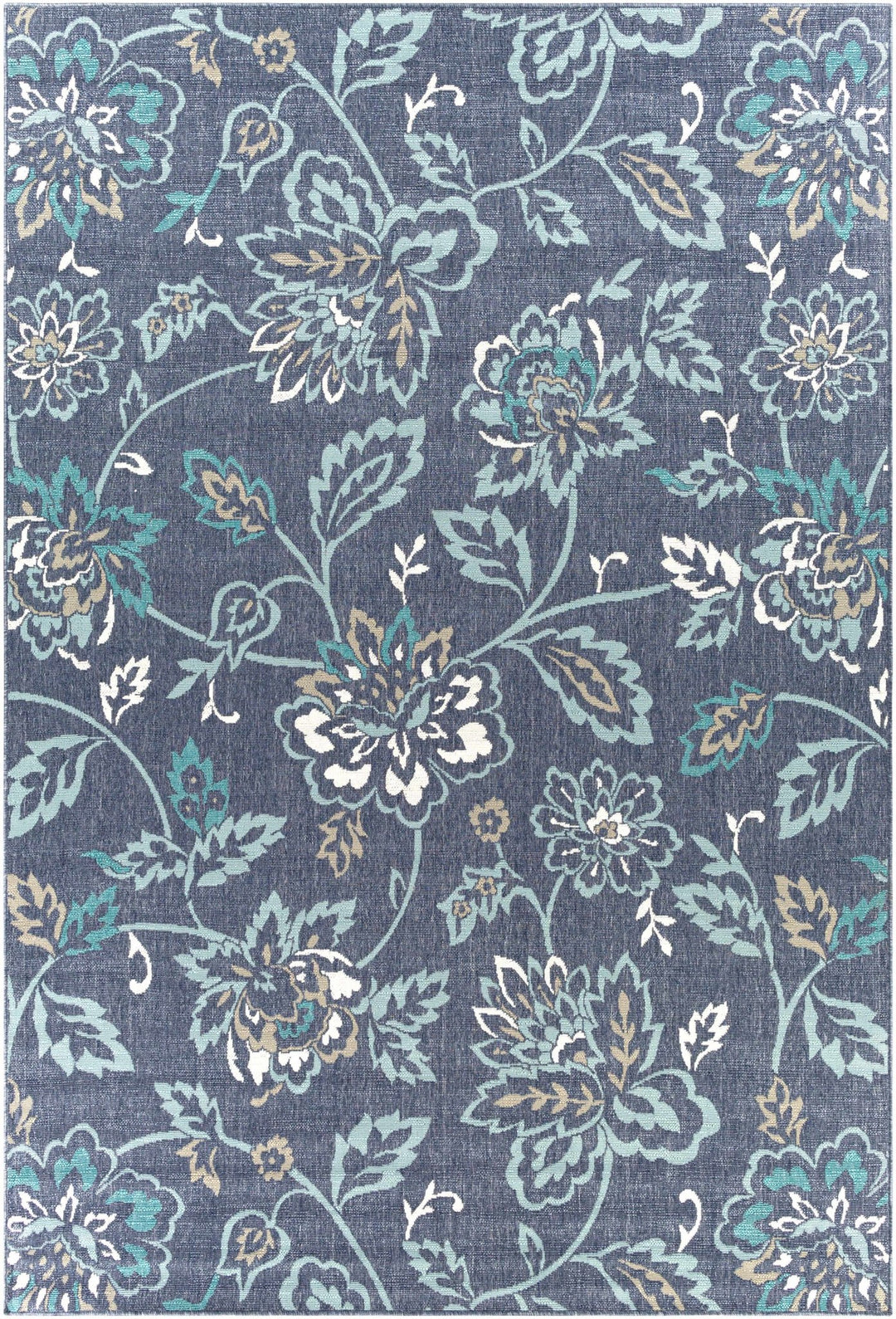 Floral Blue, Ivory and Green Outdoor Safe Machine Woven Area Rug - The Rug Decor