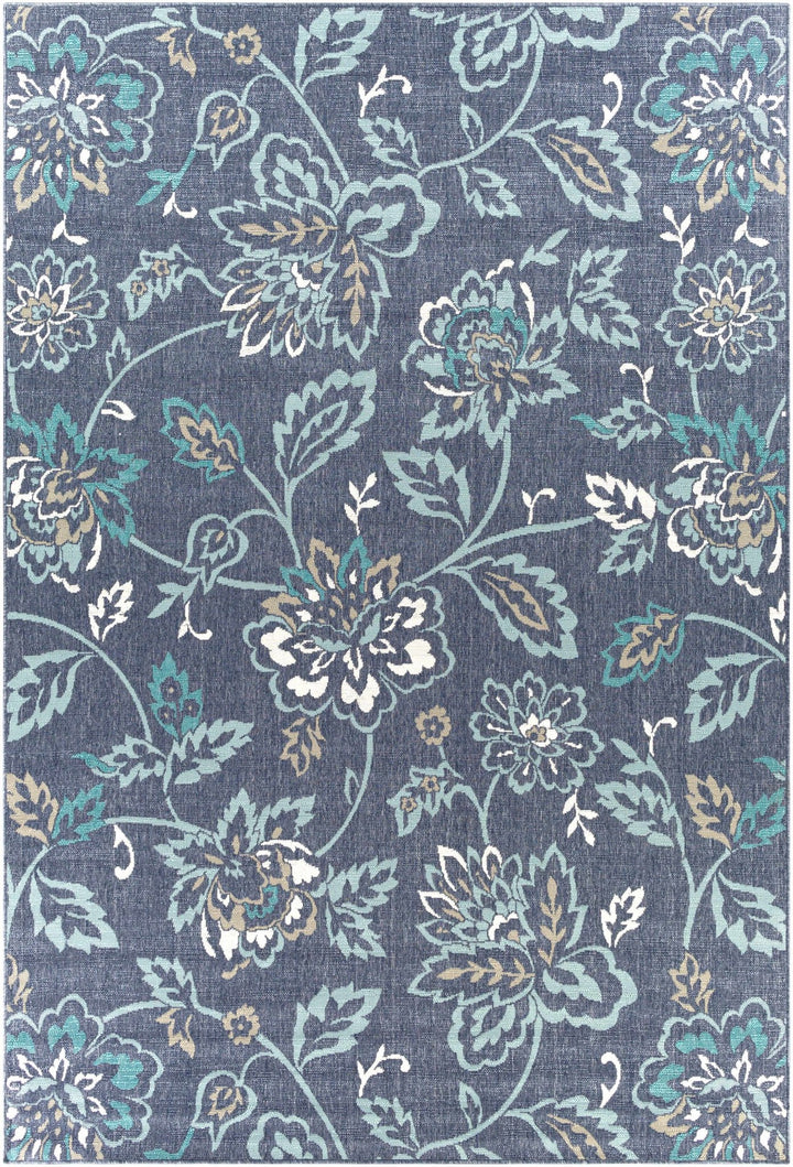 Floral Blue, Ivory and Green Outdoor Safe Machine Woven Area Rug - The Rug Decor