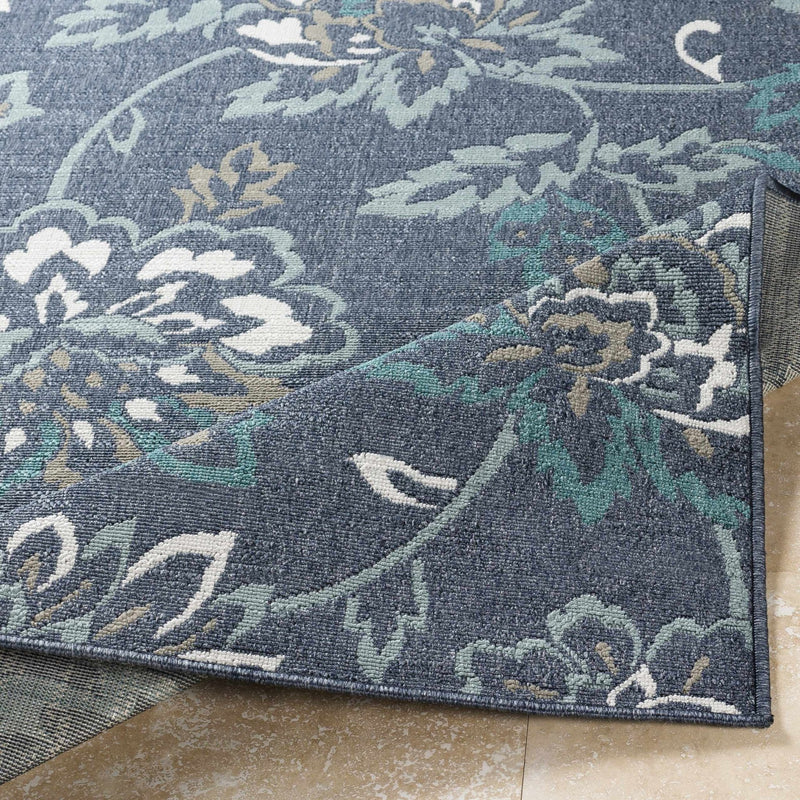 Floral Blue, Ivory and Green Outdoor Safe Machine Woven Area Rug - The Rug Decor