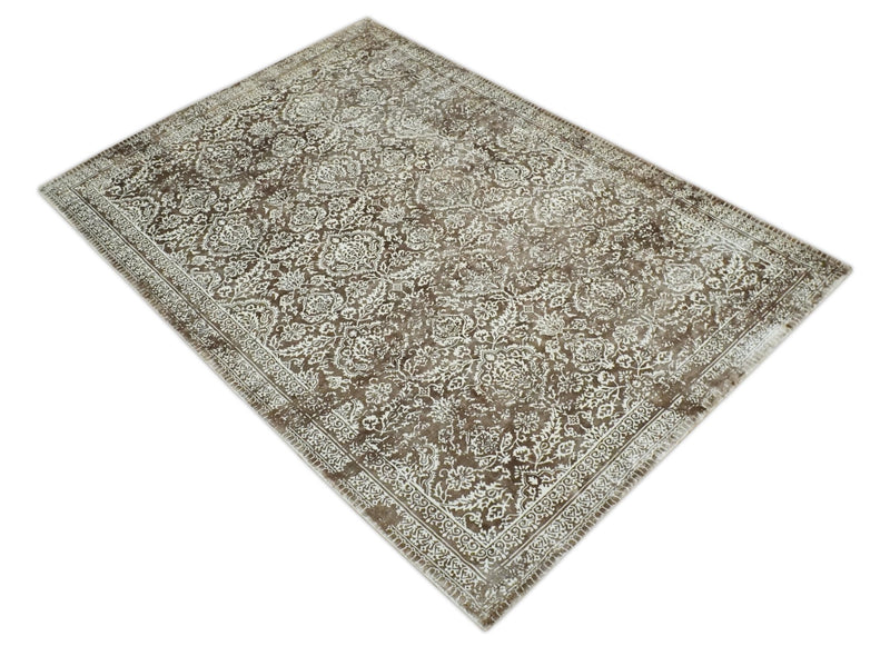 Floral Brown and Ivory Traditional Ikat Large Design 5.6x8 Hand loom Viscose Area Rug - The Rug Decor