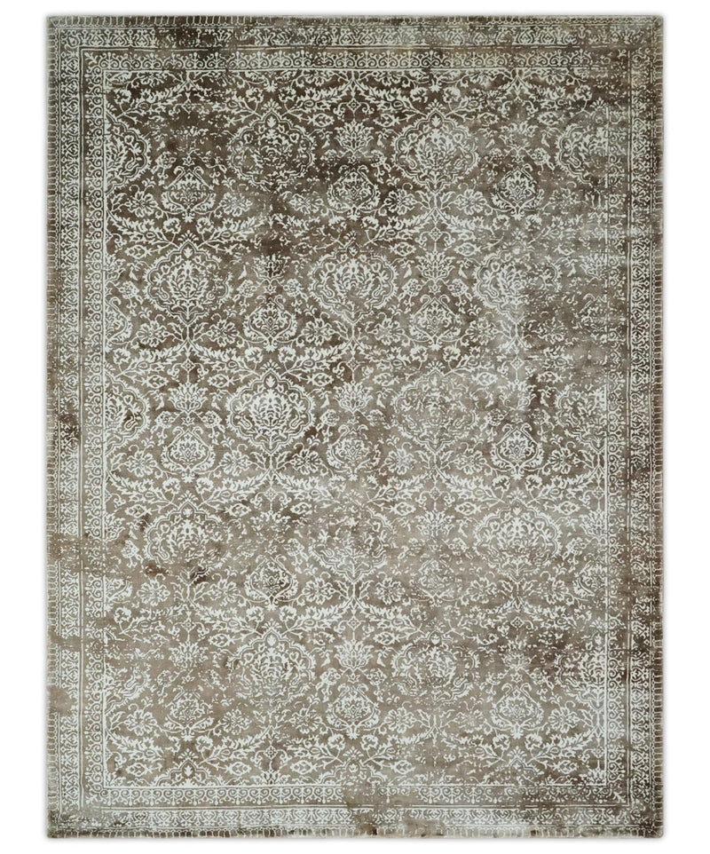Floral Brown and Ivory Traditional Ikat Large Design 5.6x8 Hand loom Viscose Area Rug - The Rug Decor
