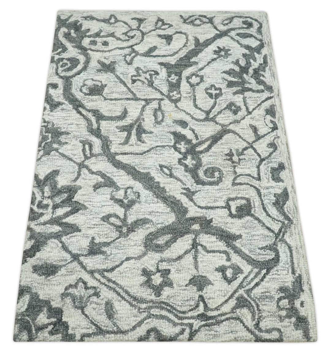 Floral Ivory and Charcoal Wool Hand Woven 2x3, 3x5, 5x8, 6x9, 8x10 and 9x12 Layering Area Rug | UL67 - The Rug Decor
