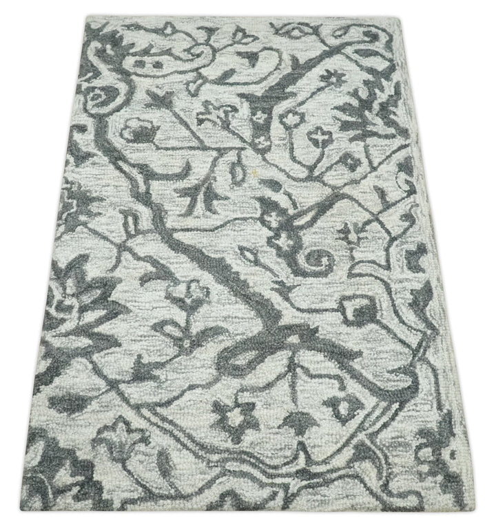 Floral Ivory and Charcoal Wool Hand Woven 2x3, 3x5, 5x8, 6x9, 8x10 and 9x12 Layering Area Rug | UL67 - The Rug Decor