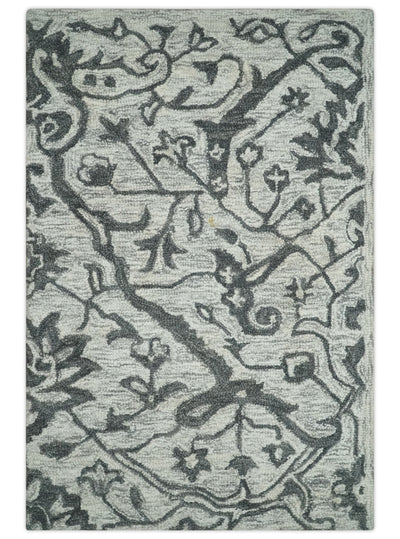 Floral Ivory and Charcoal Wool Hand Woven 2x3, 3x5, 5x8, 6x9, 8x10 and 9x12 Layering Area Rug | UL67 - The Rug Decor