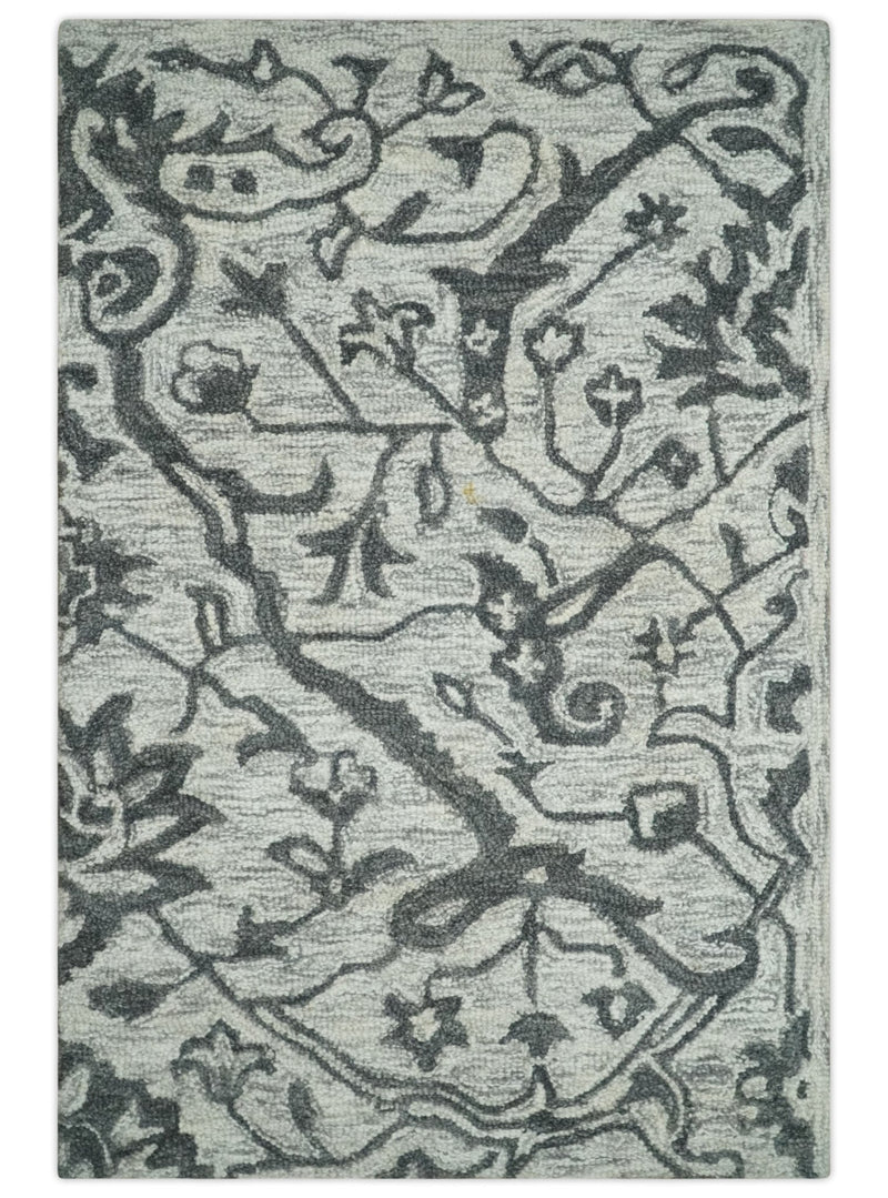 Floral Ivory and Charcoal Wool Hand Woven 2x3, 3x5, 5x8, 6x9, 8x10 and 9x12 Layering Area Rug | UL67 - The Rug Decor
