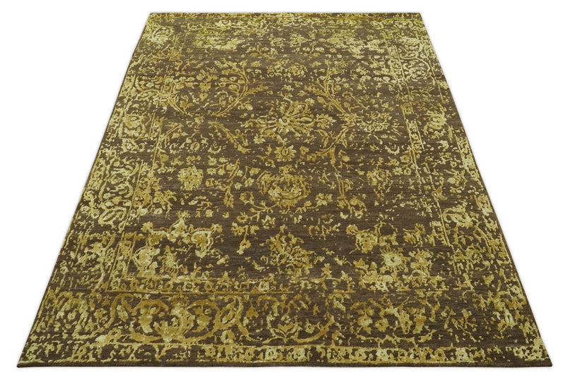 Floral Premium look Gold and Brown Hand Knotted 6x9 wool and art silk Area Rug - The Rug Decor