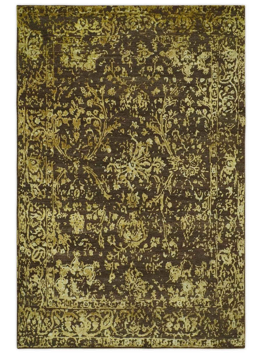 Floral Premium look Gold and Brown Hand Knotted 6x9 wool and art silk Area Rug - The Rug Decor