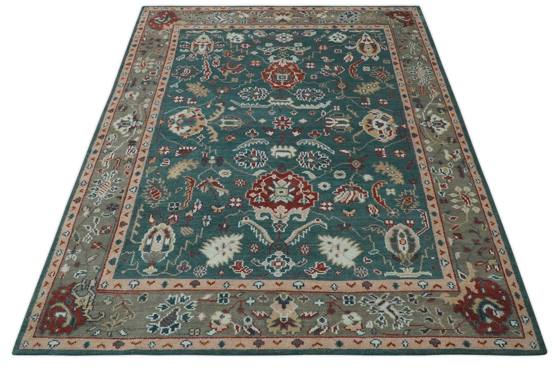 Floral Teal, Camel and Brown Hand Knotted Oriental Oushak Multi Size wool Area Rug - The Rug Decor