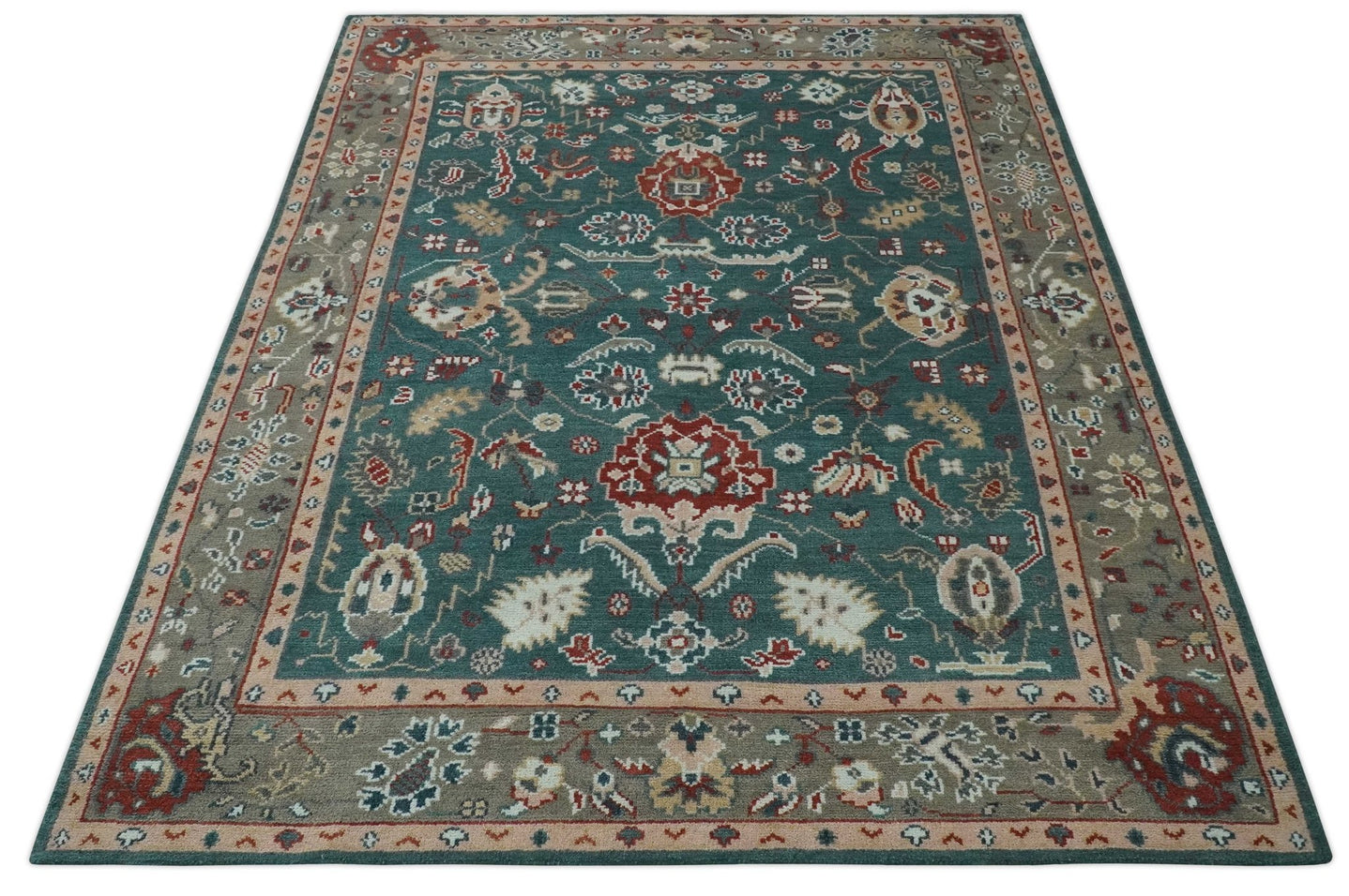 Floral Teal, Camel and Brown Hand Knotted Oriental Oushak Multi Size wool Area Rug - The Rug Decor