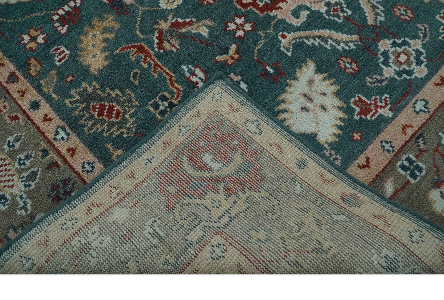 Floral Teal, Camel and Brown Hand Knotted Oriental Oushak Multi Size wool Area Rug - The Rug Decor