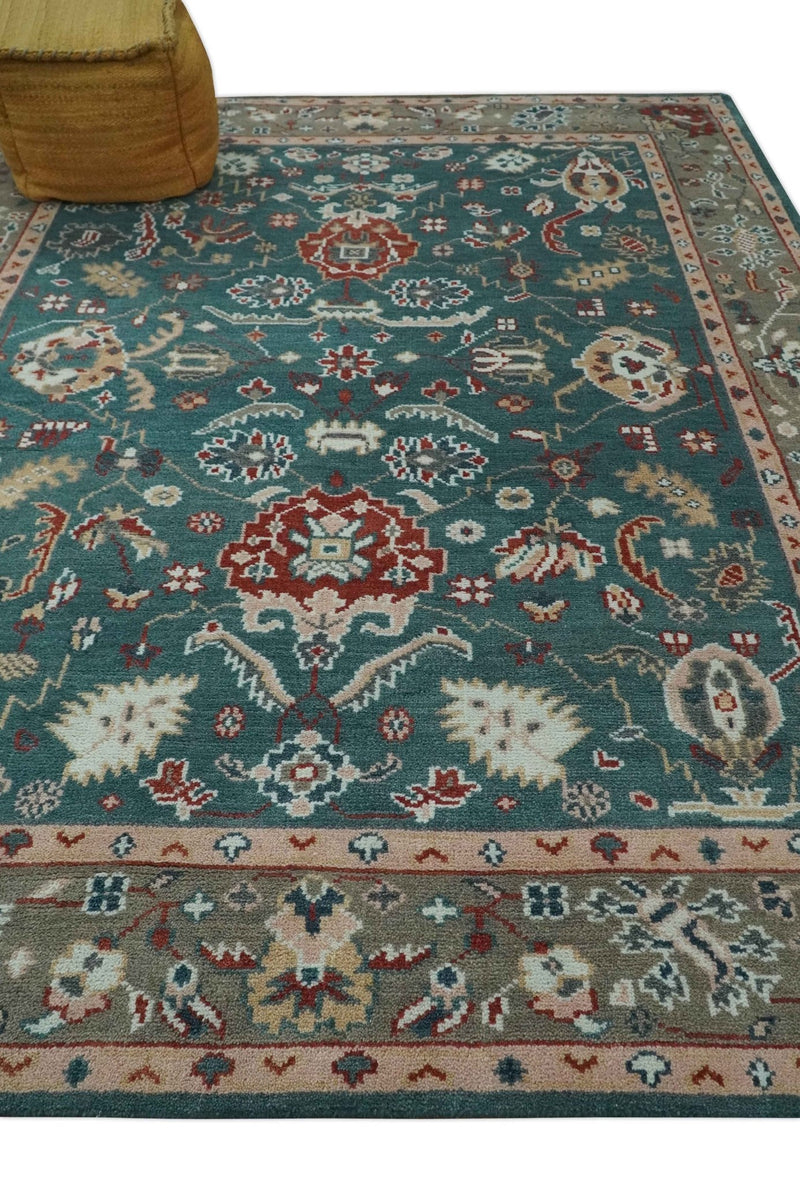 Floral Teal, Camel and Brown Hand Knotted Oriental Oushak Multi Size wool Area Rug - The Rug Decor