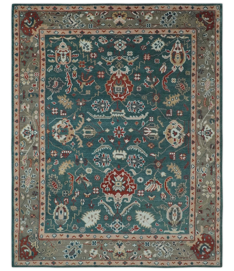 Floral Teal, Camel and Brown Hand Knotted Oriental Oushak Multi Size wool Area Rug - The Rug Decor