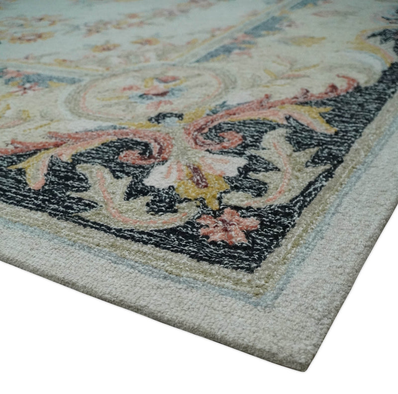 French Design Aubusson Custom Made Ivory, Light Green and Charcoal Hand Tufted wool Area Rug - The Rug Decor