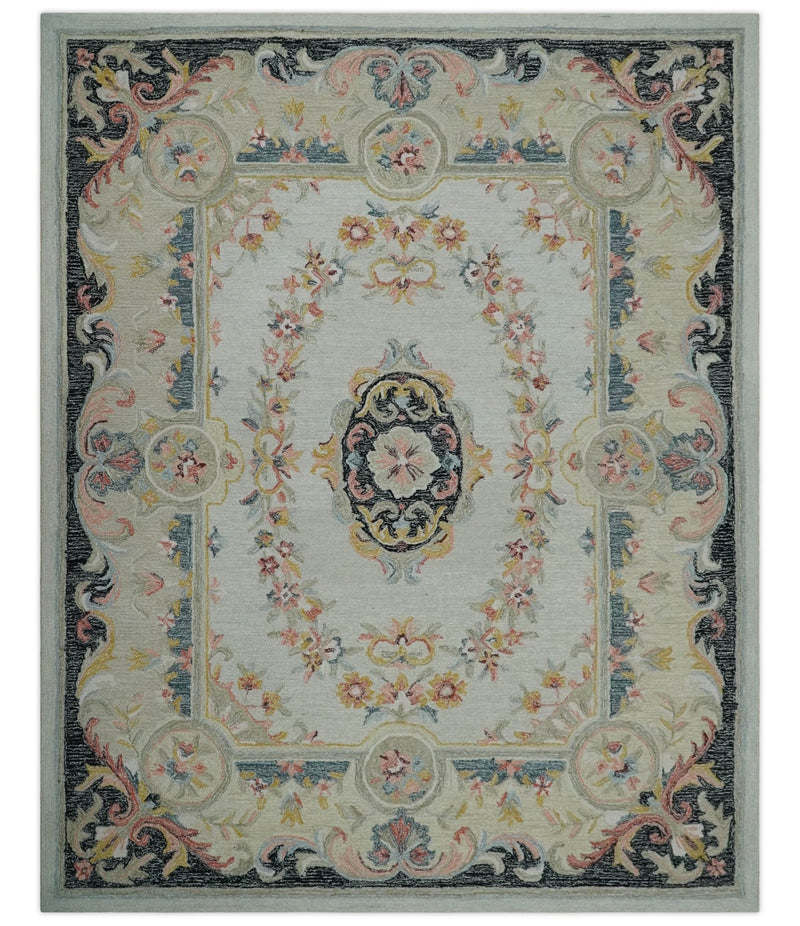 French Design Aubusson Custom Made Ivory, Light Green and Charcoal Hand Tufted wool Area Rug - The Rug Decor