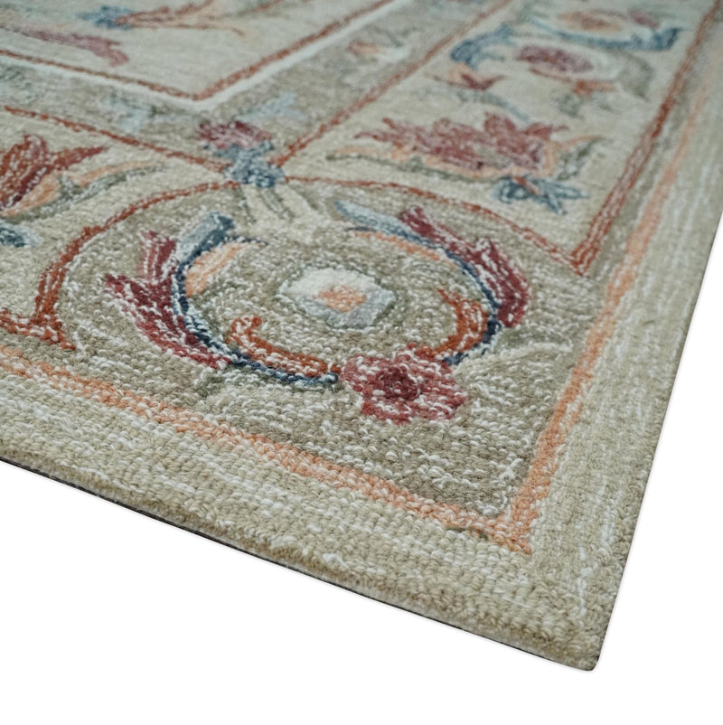 French Inspired Aubusson design Custom Made Beige, Brown and Blue Hand Tufted wool Area Rug - The Rug Decor